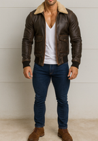 Heritage Aviator Shearling  Distressed Brown Leather Bomber Jacket