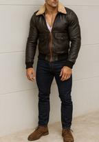 Heritage Aviator Shearling  Distressed Brown Leather Bomber Jacket