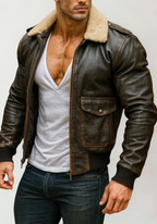 Heritage Aviator Shearling  Distressed Brown Leather Bomber Jacket