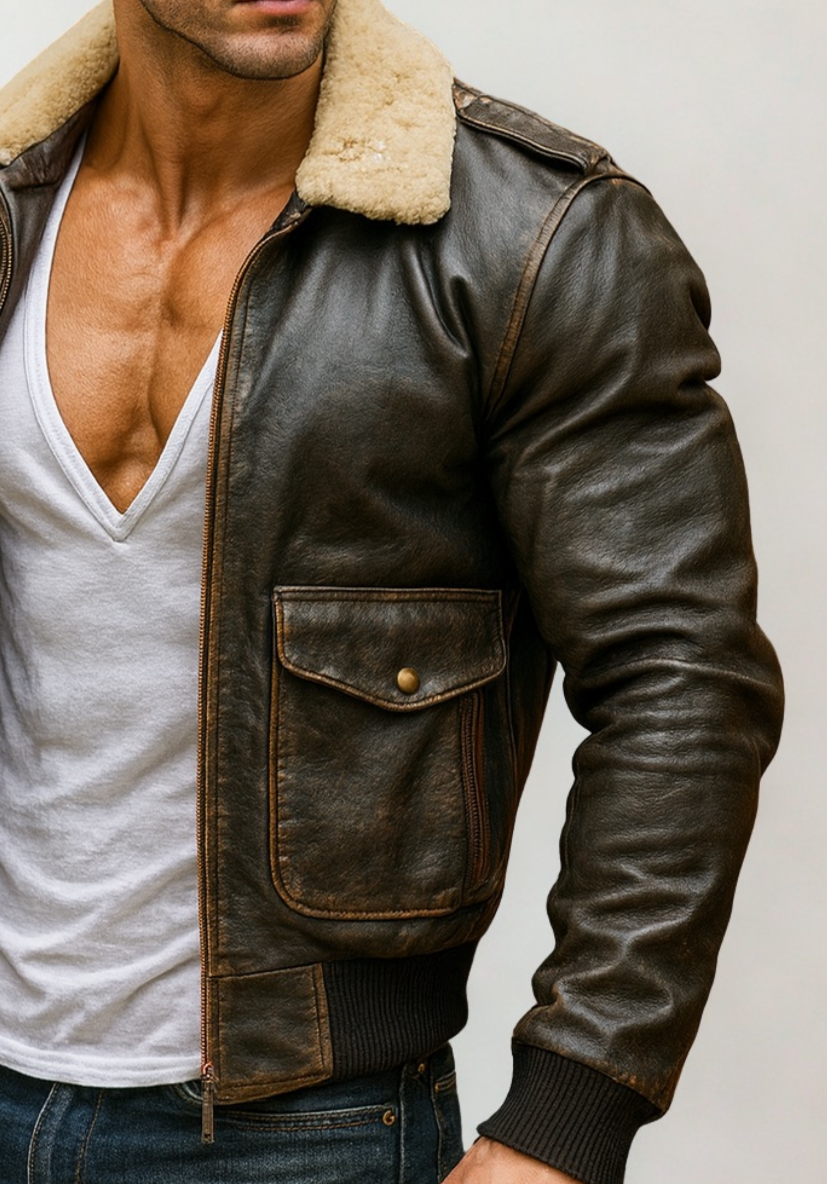 Heritage Aviator Shearling  Distressed Brown Leather Bomber Jacket