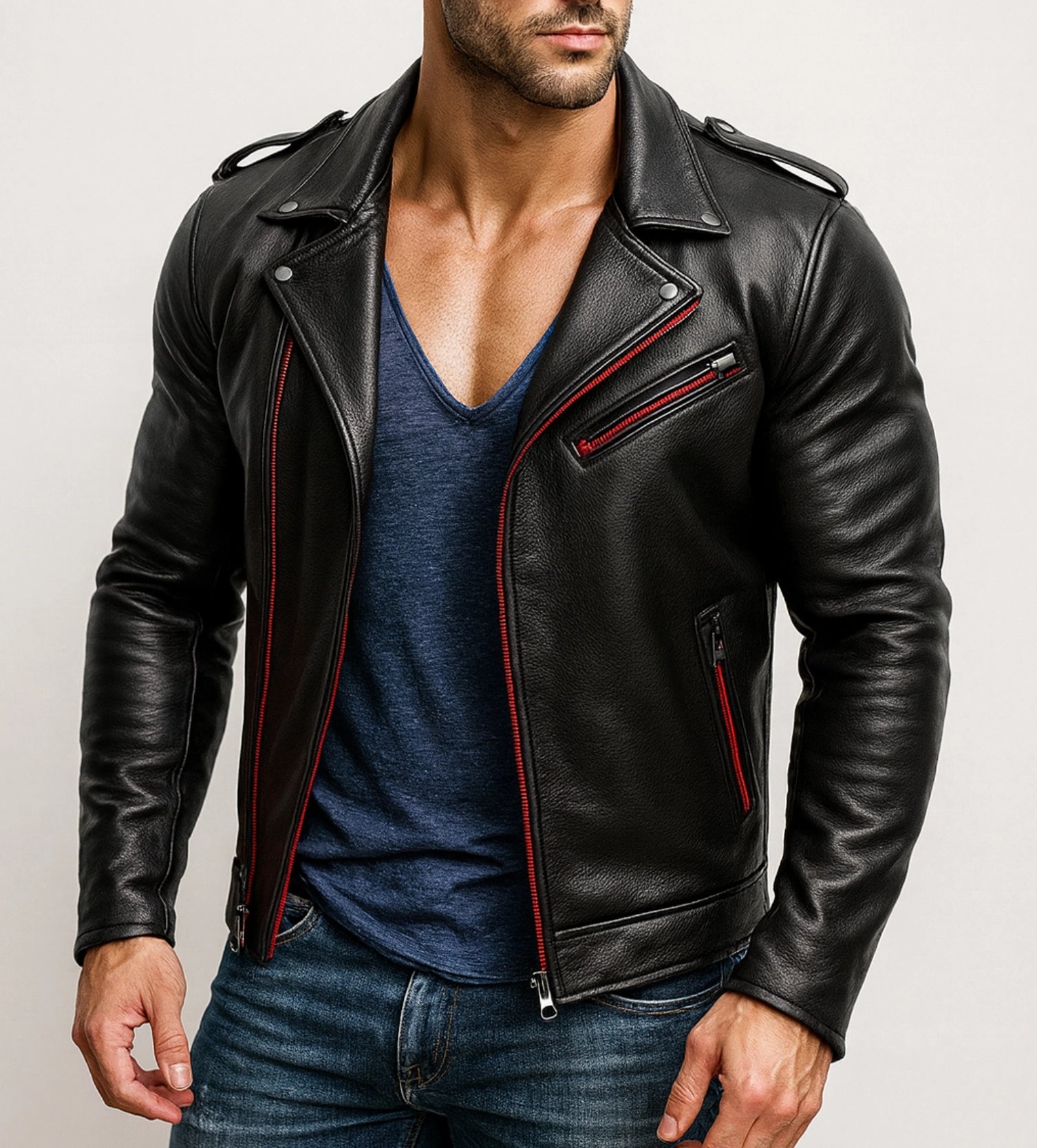 Redline Phantom Black Leather Biker Jacket