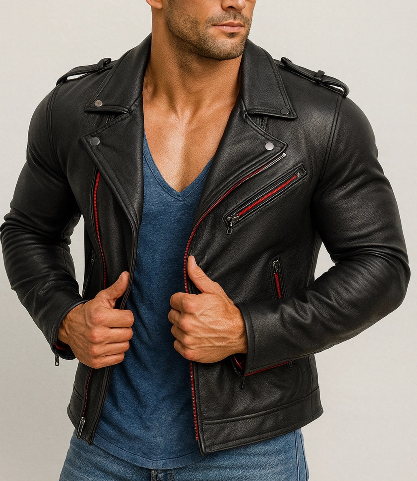Redline Phantom Black Leather Biker Jacket