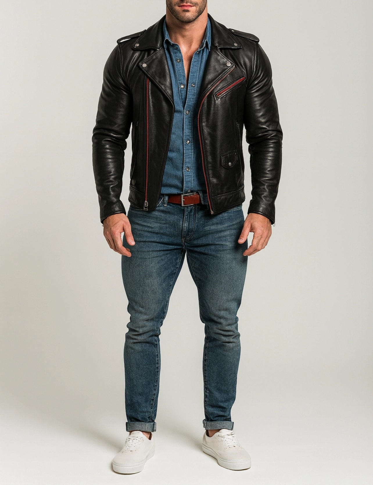 Redline Phantom Black Leather Biker Jacket