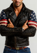 Liberty Rebel USA Flag Black Leather Biker Jacket