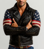 Liberty Rebel USA Flag Black Leather Biker Jacket