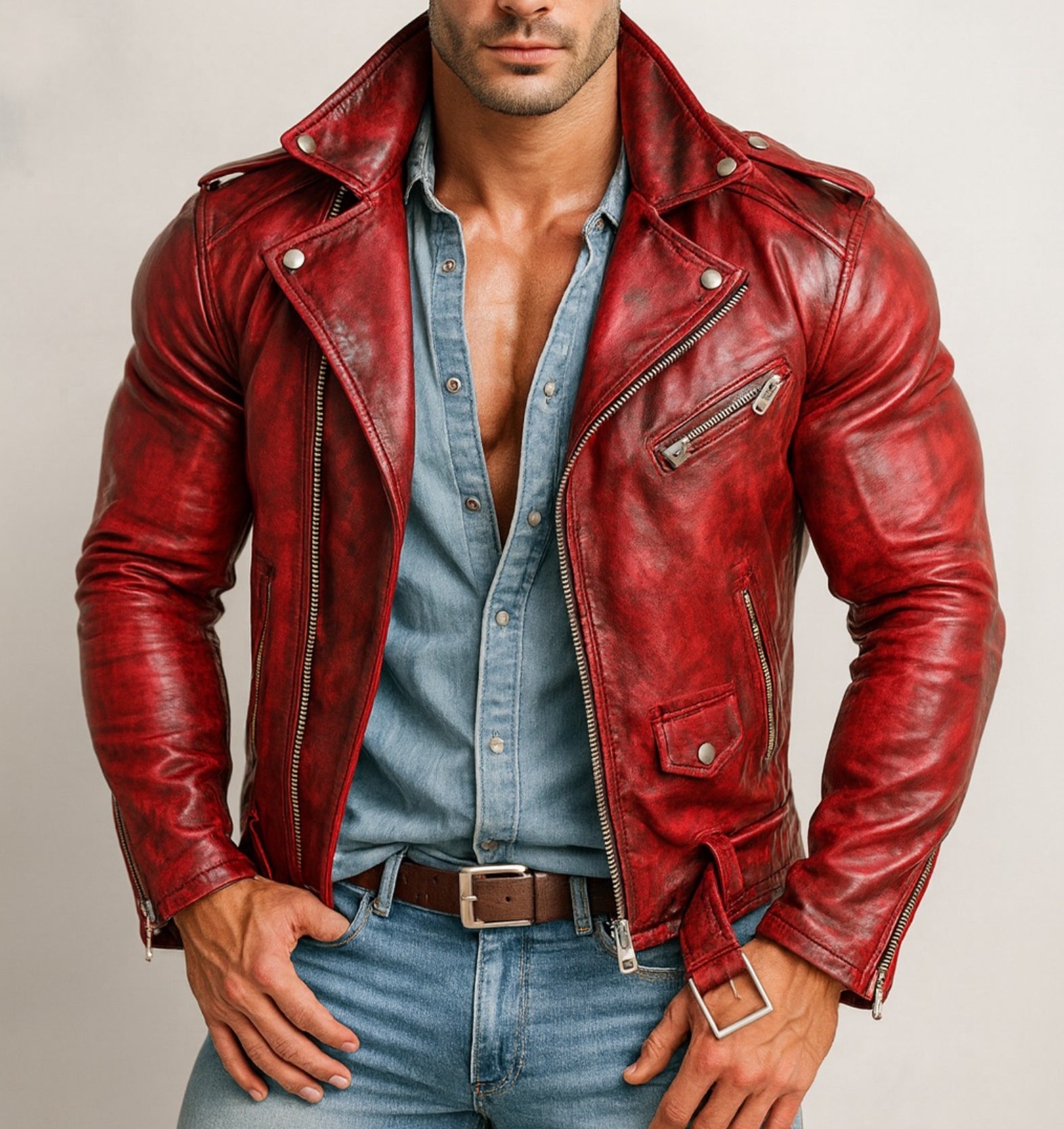 Urban Raider Distressed Red Leather Moto Jacket