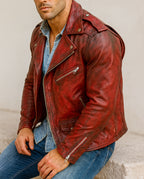 Urban Raider Distressed Red Leather Moto Jacket
