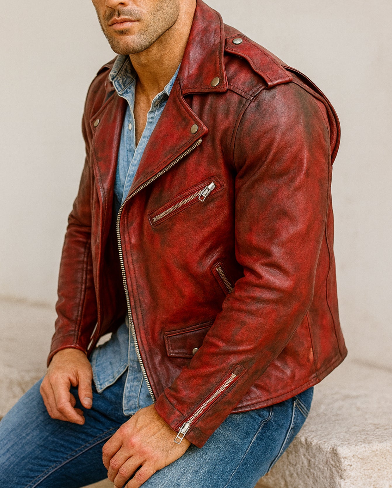Urban Raider Distressed Red Leather Moto Jacket