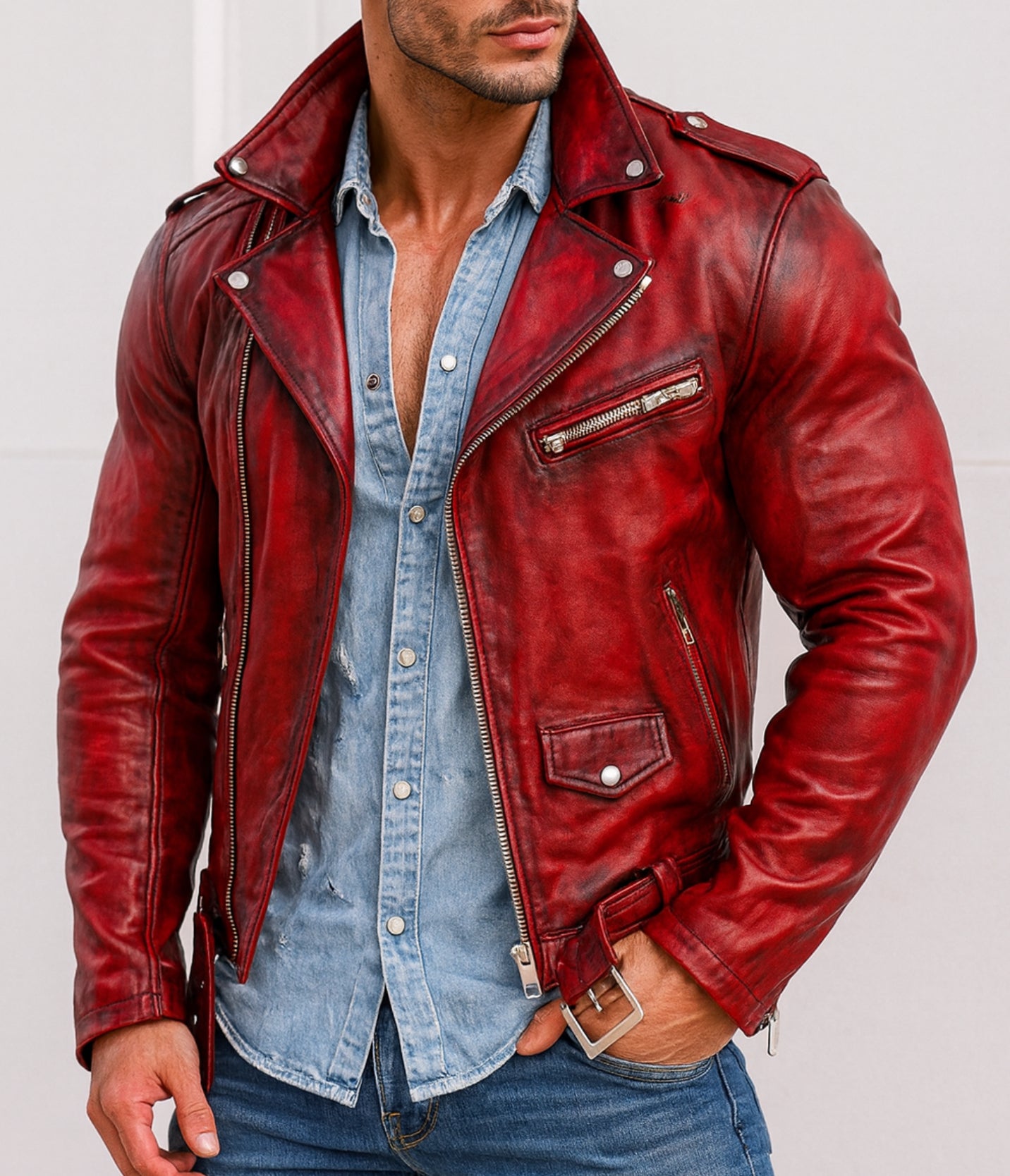 Urban Raider Distressed Red Leather Moto Jacket
