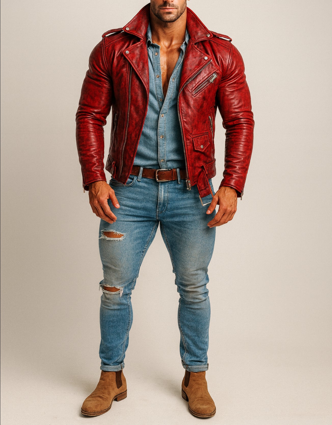 Urban Raider Distressed Red Leather Moto Jacket
