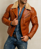 Heritage Aviator Shearling Camel Brown Leather Bomber Jacket