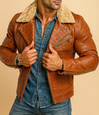 Heritage Aviator Shearling Camel Brown Leather Bomber Jacket
