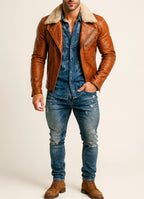 Heritage Aviator Shearling Camel Brown Leather Bomber Jacket