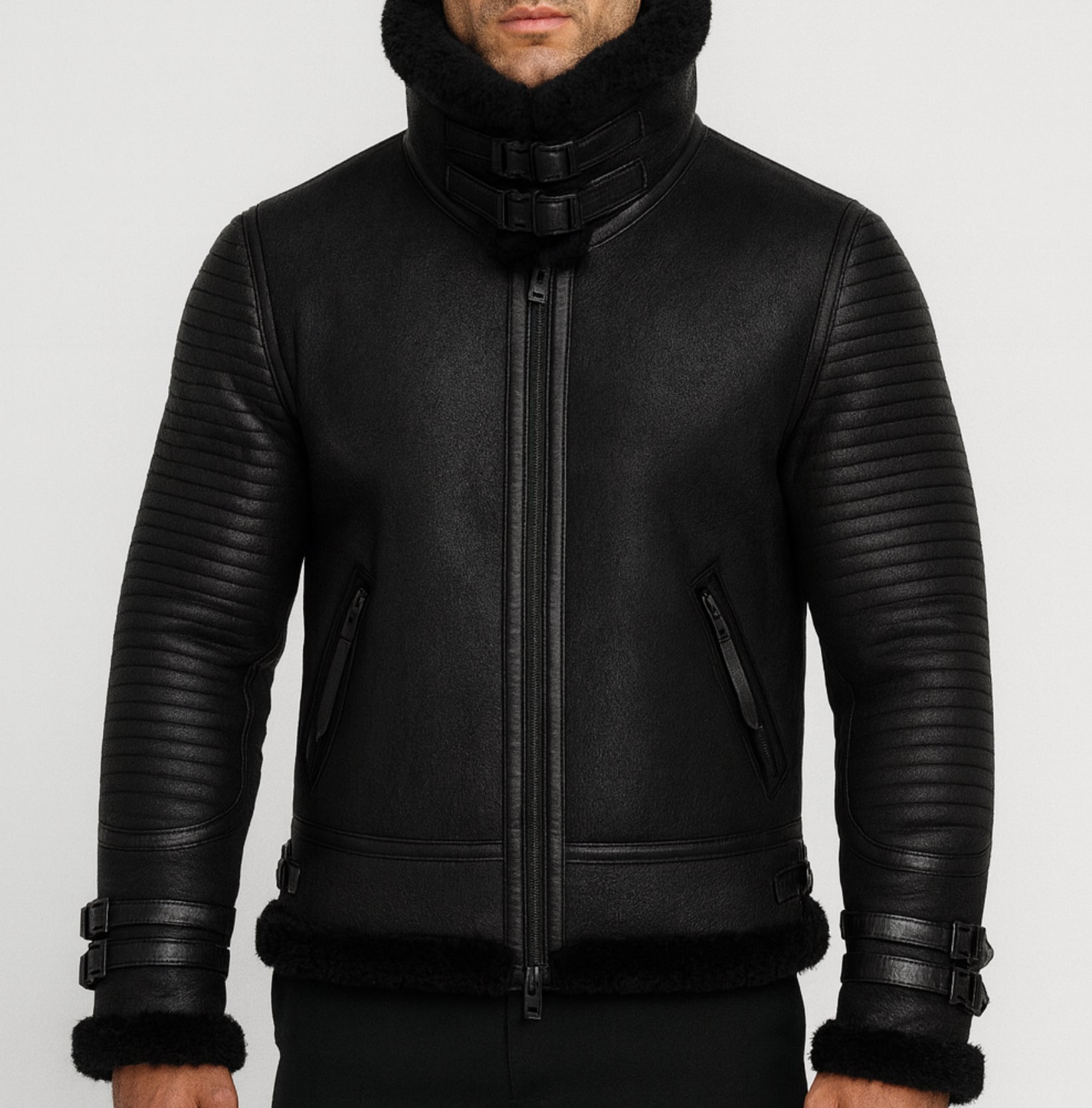 Shadow Sentinel Black Leather Aviator Jacket