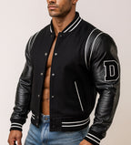 Varsity Black Leather Bomber Jacket