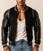 Varsity Black Leather Bomber Jacket