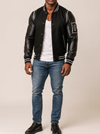 Varsity Black Leather Bomber Jacket