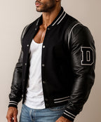 Varsity Black Leather Bomber Jacket