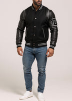 Varsity Black Leather Bomber Jacket