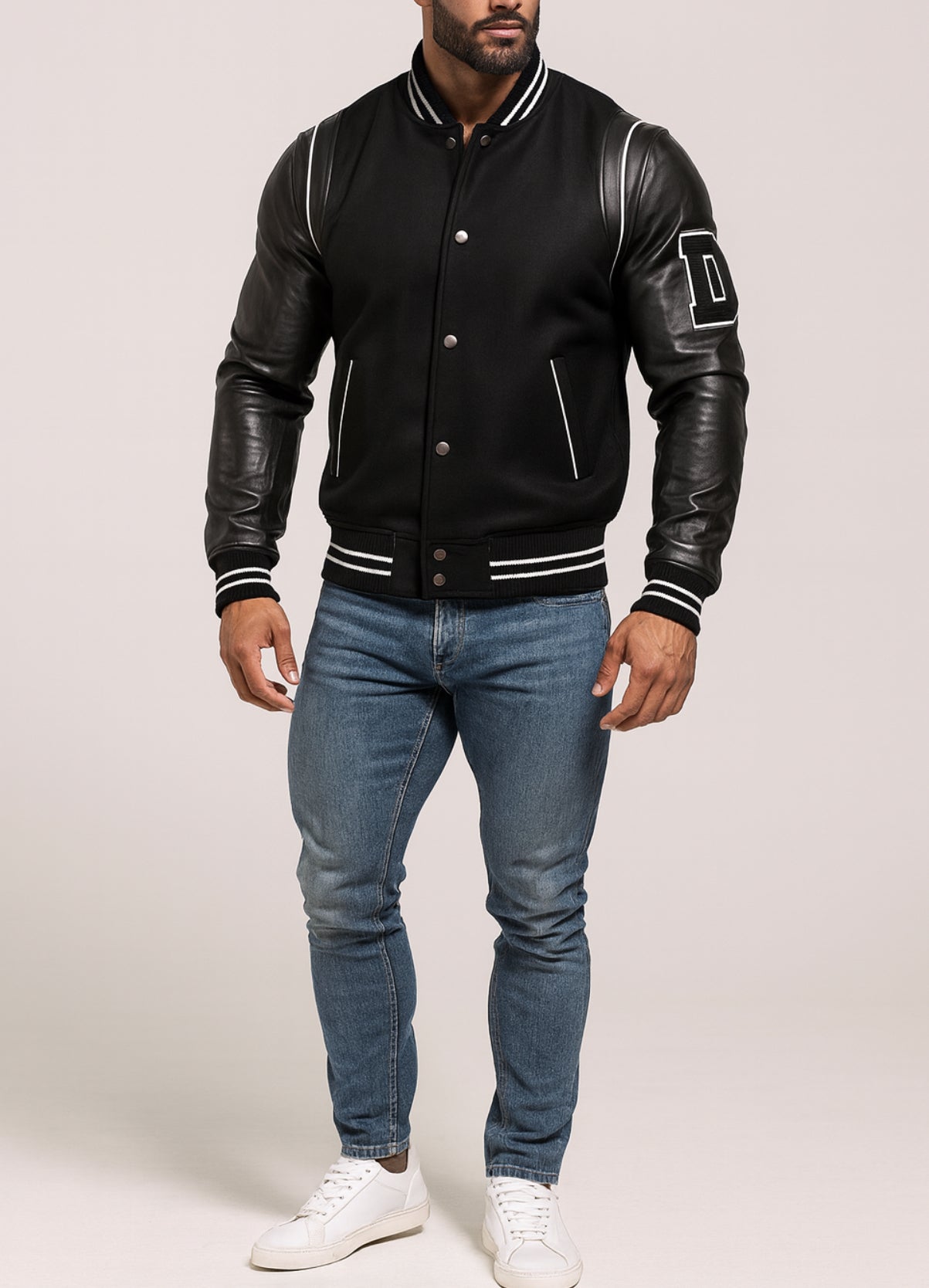 Varsity Black Leather Bomber Jacket