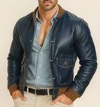 Regent Navy Leather Bomber Jacket