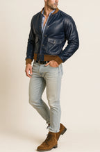 Regent Navy Leather Bomber Jacket