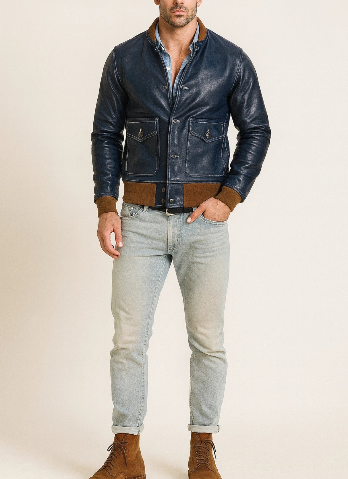 Regent Navy Leather Bomber Jacket