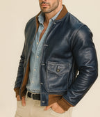 Regent Navy Leather Bomber Jacket