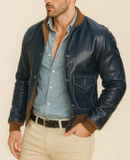 Regent Navy Leather Bomber Jacket