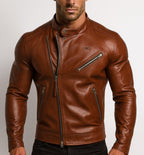 Copper Hawk Cognac Brown Leather Biker Jacket