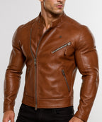 Copper Hawk Cognac Brown Leather Biker Jacket