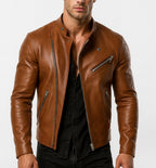 Copper Hawk Cognac Brown Leather Biker Jacket