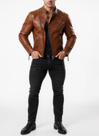 Copper Hawk Cognac Brown Leather Biker Jacket