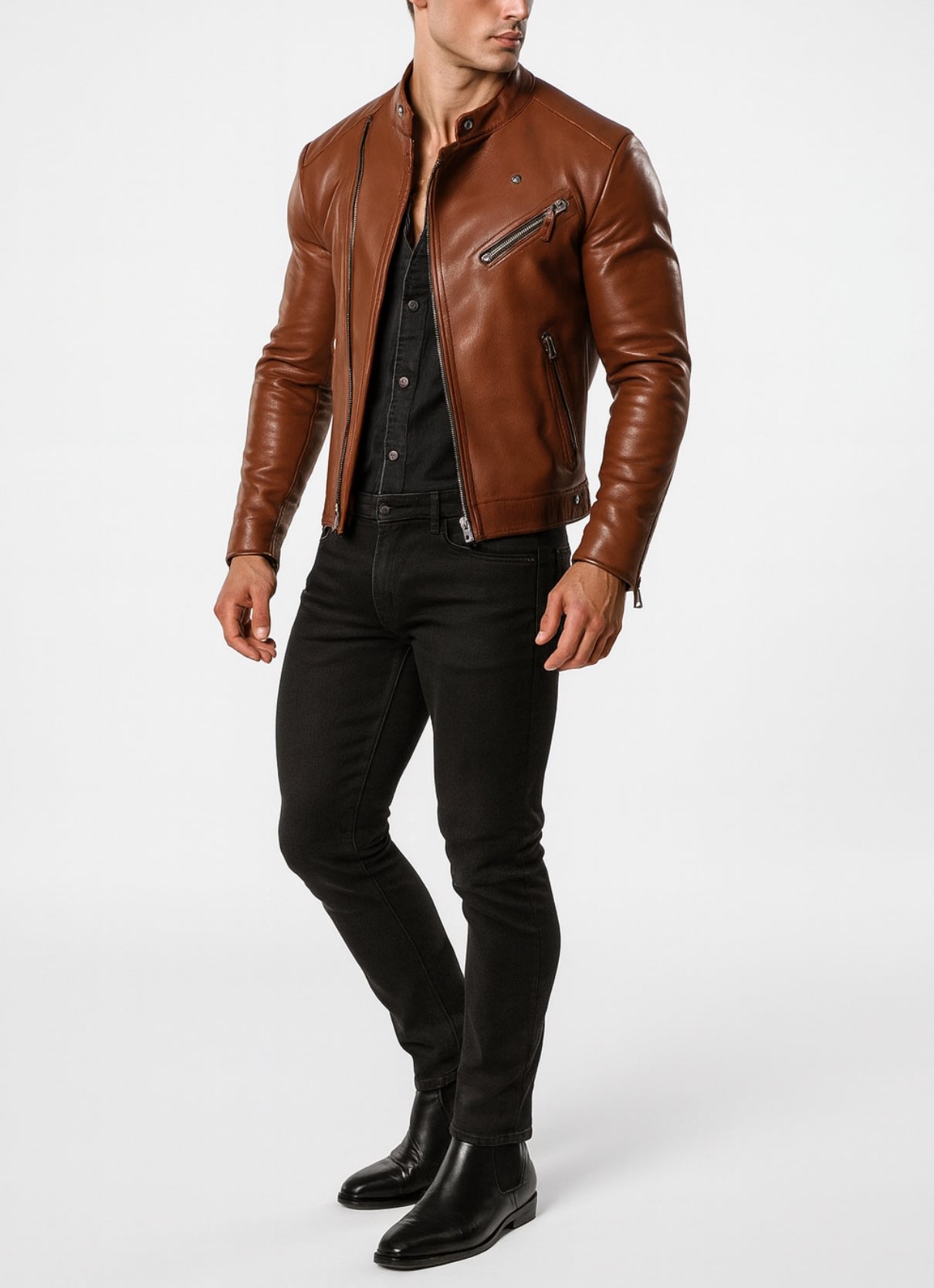 Copper Hawk Cognac Brown Leather Biker Jacket
