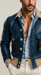 Azure Falcon Royal Blue Leather Bomber Jacket