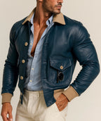 Azure Falcon Royal Blue Leather Bomber Jacket