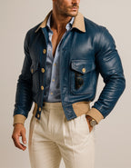 Azure Falcon Royal Blue Leather Bomber Jacket