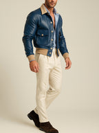 Azure Falcon Royal Blue Leather Bomber Jacket