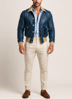 Azure Falcon Royal Blue Leather Bomber Jacket