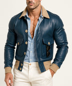 Azure Falcon Royal Blue Leather Bomber Jacket