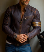 Golden Stripes Brown Leather Cafe Racer Jacket