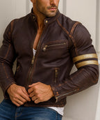 Golden Stripes Brown Leather Cafe Racer Jacket