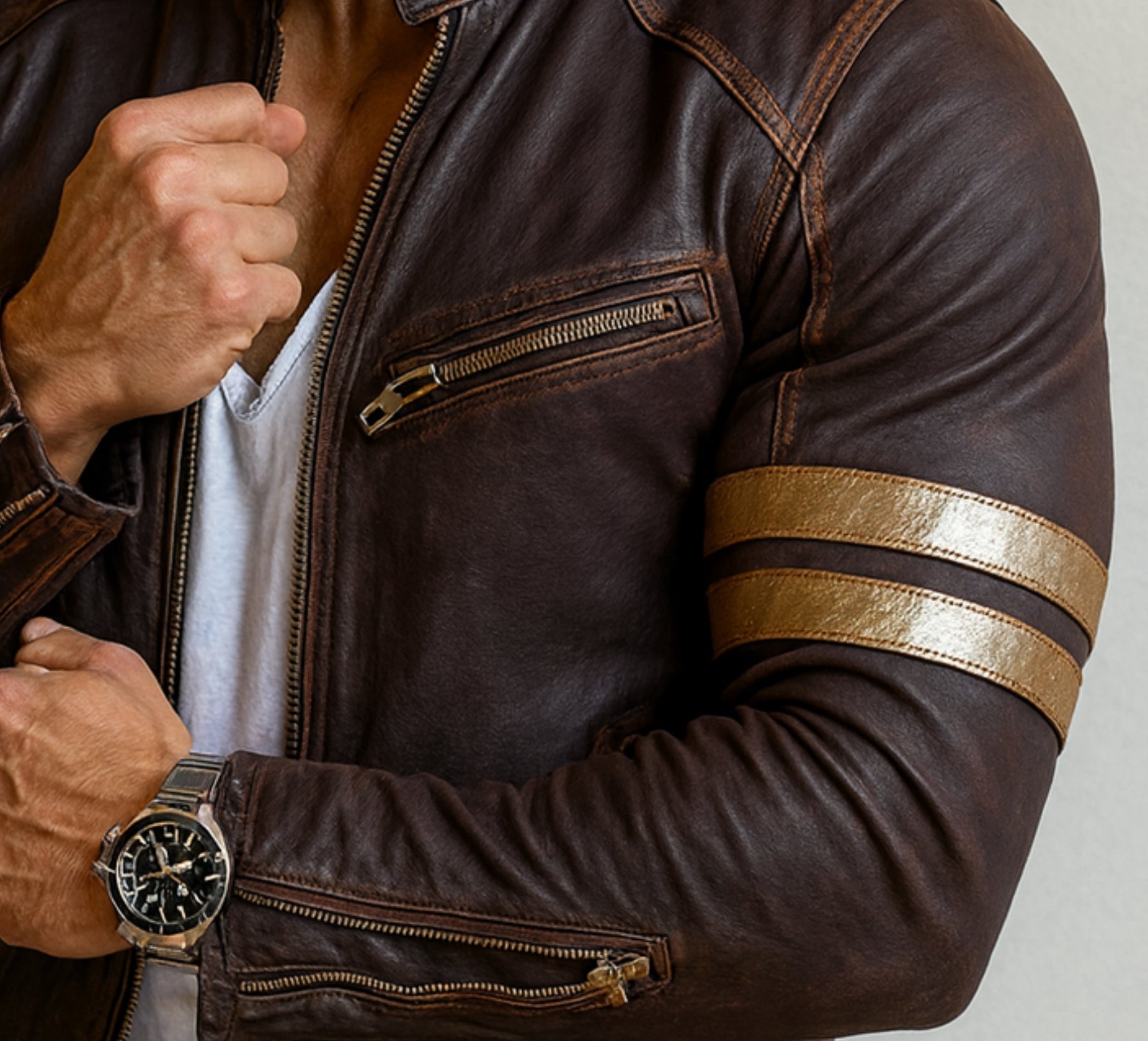 Golden Stripes Brown Leather Cafe Racer Jacket