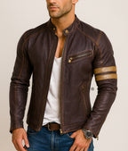 Golden Stripes Brown Leather Cafe Racer Jacket