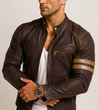 Golden Stripes Brown Leather Cafe Racer Jacket