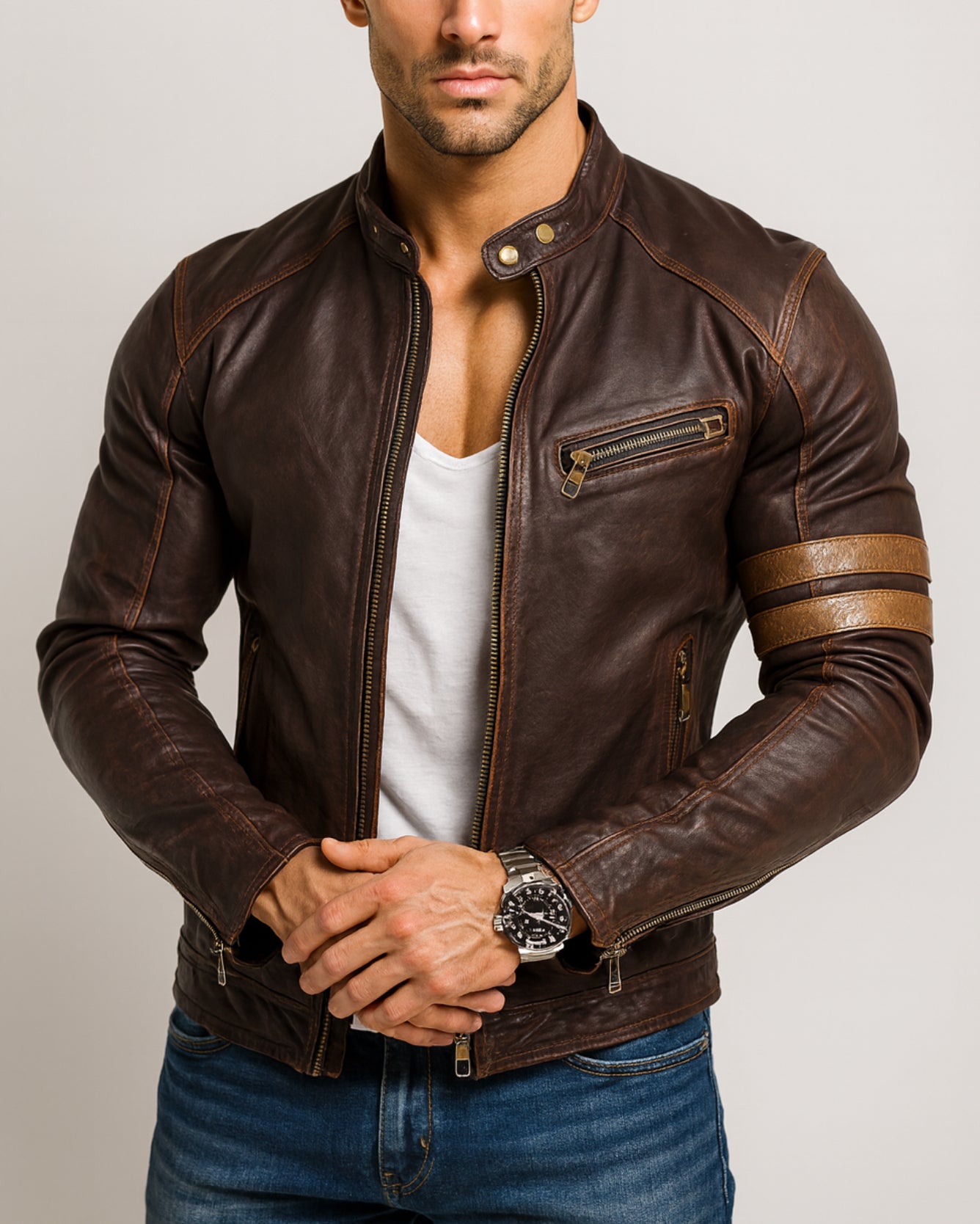 Golden Stripes Brown Leather Cafe Racer Jacket