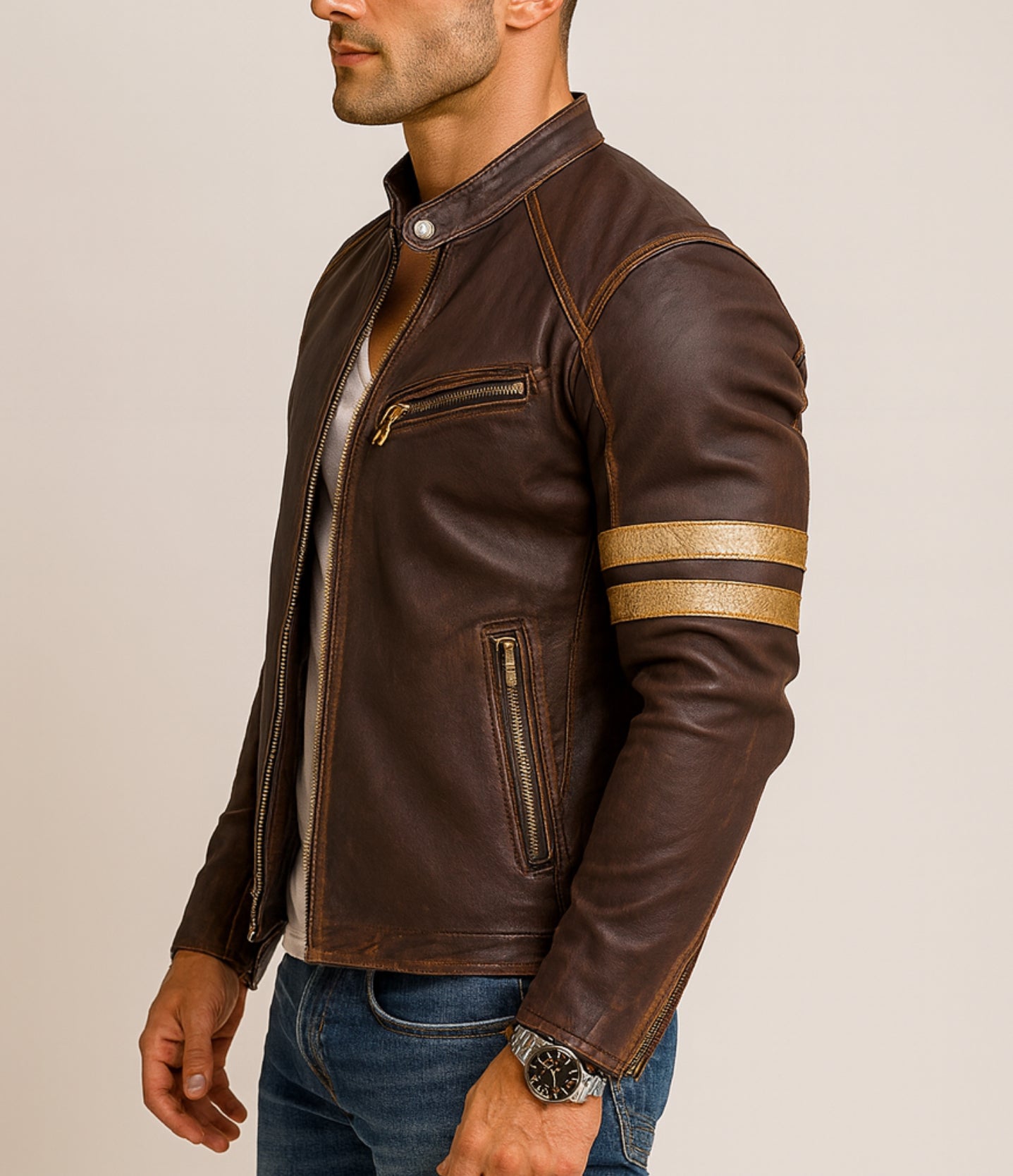 Golden Stripes Brown Leather Cafe Racer Jacket
