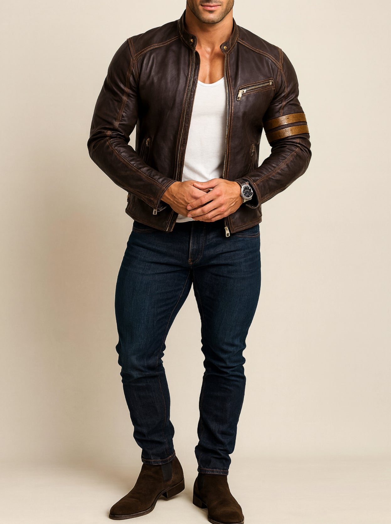 Golden Stripes Brown Leather Cafe Racer Jacket