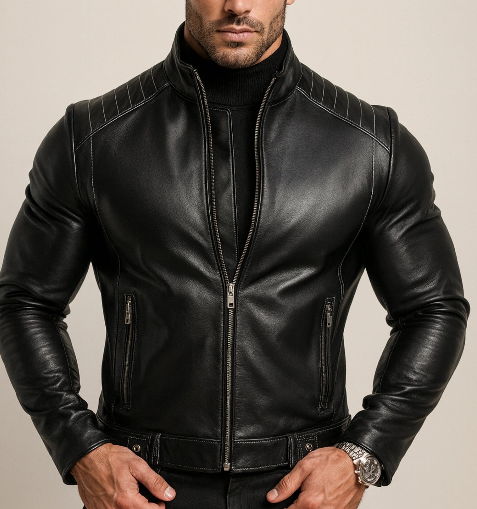 Midnight Vortex Black Leather Moto Jacket