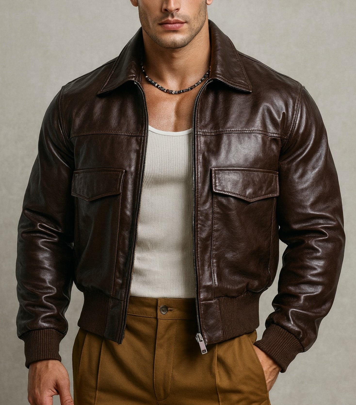 Cafe Maverick Brown Leather Bomber Jacket
